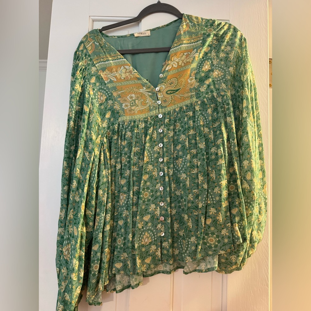Green Floral Button-Front Womens Top